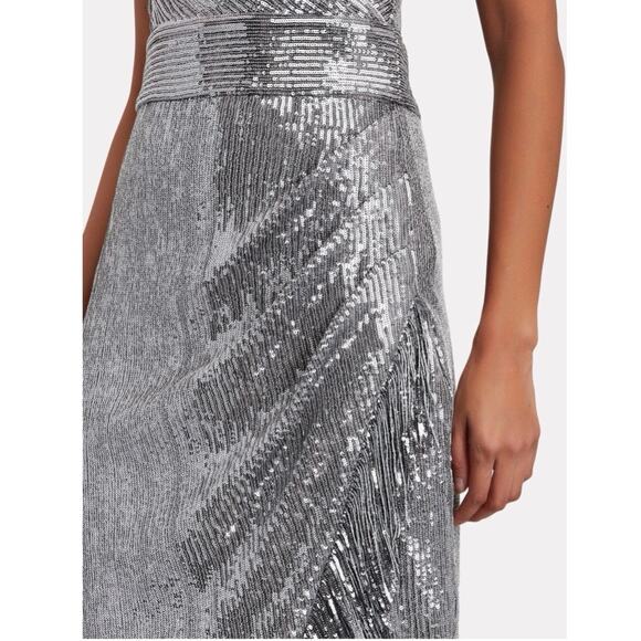 NWT Saylor Azariah Fringed Silver Gunmetal Sequin Wrap Dress. Size M. - Picture 4 of 12